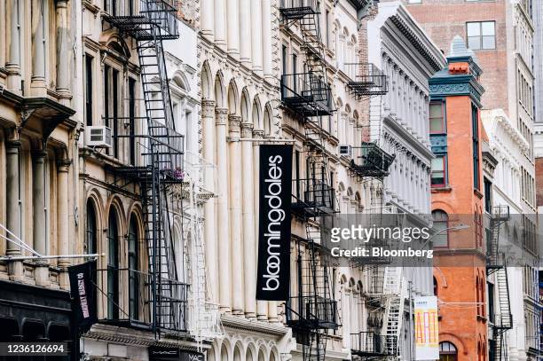 Bloomingdale's signage in the SoHo neighborhood of New York, U.S., on Sunday, Oct. 24, 2021. Consumers are facing dire warnings to get...
