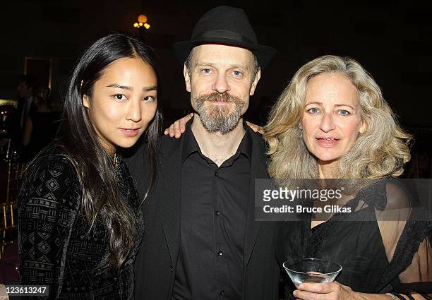 Greta Lee, David Hyde Pierce and Sally Wingert pose at The Opening Night After Party for "La Bete" on Broadway at Gotham Hall on October 14, 2010 in...