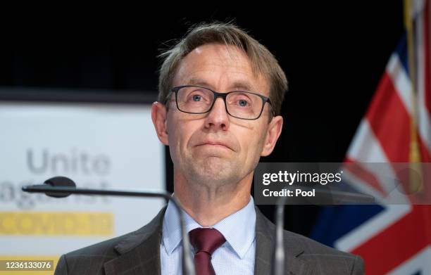 New Zealand Director general of health Dr. Ashley Bloomfield looks on during a post-Cabinet press conference in Parliament on October 26, 2021 in...