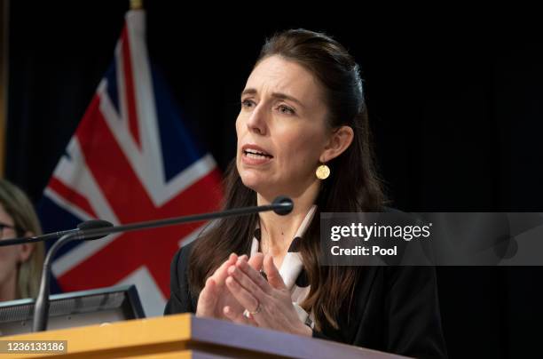 New Zealand Prime Minister Jacinda Ardern speaks during a post-Cabinet press conference in Parliament on October 26, 2021 in Wellington, New Zealand....