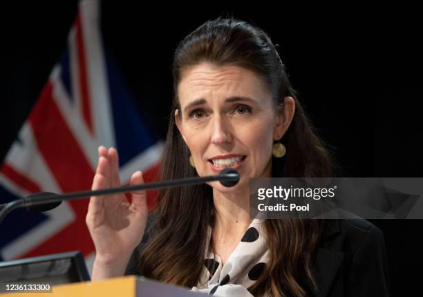 New Zealand Prime Minister Jacinda Ardern speaks during a post-Cabinet press conference in Parliament on October 26, 2021 in Wellington, New Zealand....