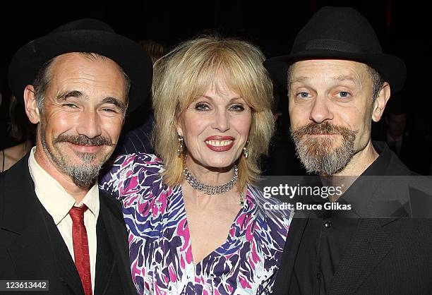 Mark Rylance, Joanna Lumley and David Hyde Pierce pose at The Opening Night After Party for "La Bete" on Broadway at Gotham Hall on October 14, 2010...