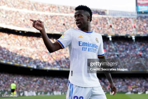 Vinicius Junior of Real Madrid receives racist insults when being substituted during the La Liga Santander match between FC Barcelona v Real Madrid...