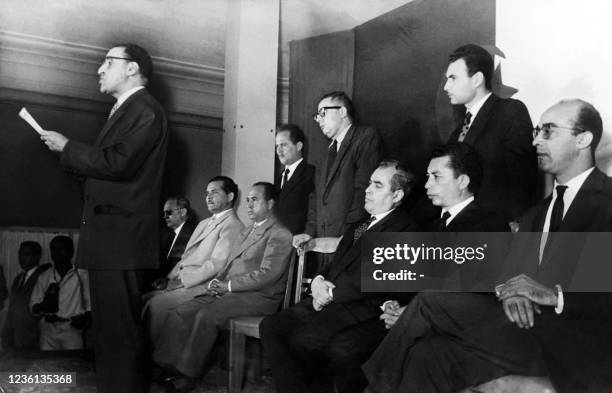 Algerian president of the GPRA Ferhat Abbas makes known the response of the FLN to General de Gaulle's plan during a press conference given in Tunis...