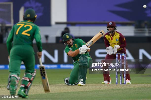 South Africa's Aiden Markram plays a shot during the ICC mens Twenty20 World Cup cricket match between South Africa and West Indies at the Dubai...