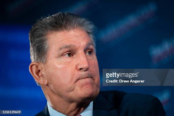 Sen. Joe Manchin speaks during an event with the Economic Club of Washington at the Capitol Hilton Hotel October 26, 2021 in Washington, DC. Manchin...