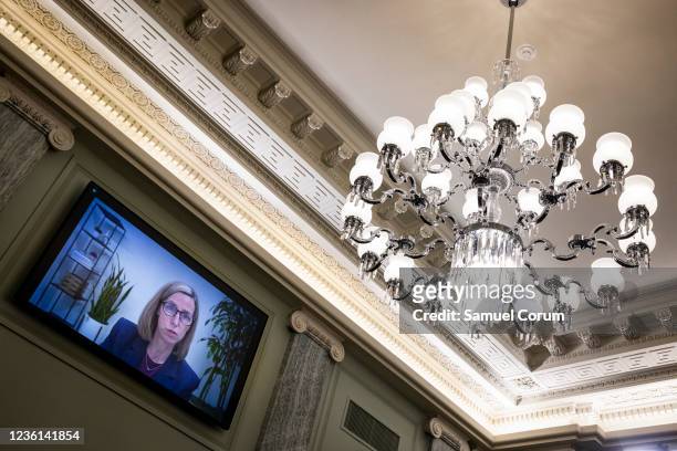 Leslie Miller, Vice President, Government Affairs and Public Policy at YouTube, testifies remotely before a Senate Subcommittee on Consumer...