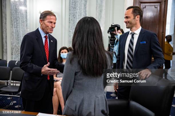 Committee Chairman Sen. Richard Blumenthal greets Jennifer Stout, Vice President of Global Public Policy at Snap Inc., and Michael Beckerman, Vice...