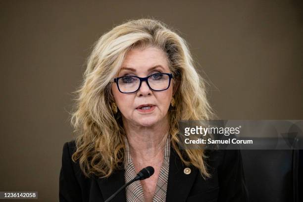 Ranking Member Sen. Marsha Blackburn speaks during a Senate Subcommittee on Consumer Protection, Product Safety, and Data Security hearing on...