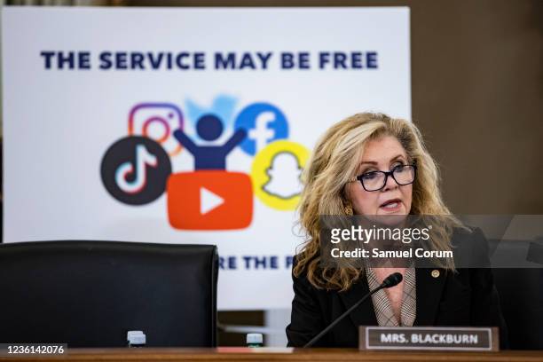 Ranking Member Sen. Marsha Blackburn speaks during a Senate Subcommittee on Consumer Protection, Product Safety, and Data Security hearing on...
