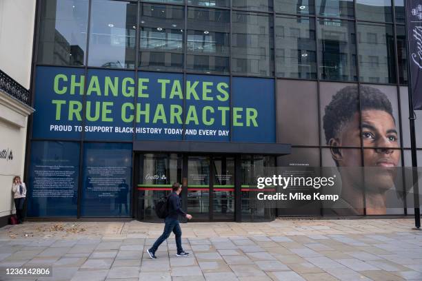 The face of Marcus Rashford in large scale outside Coutts bank for Black History Month as part of the 'Proud to be' campaign on 19th October 2021 in...