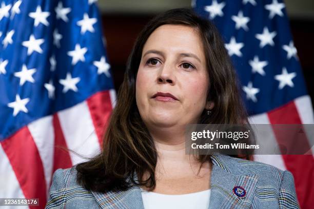 House Republican Conference Chair Rep. Elise Stefanik, R-N.Y., attends a news conference in the Capitol Visitor Center after a meeting of the...
