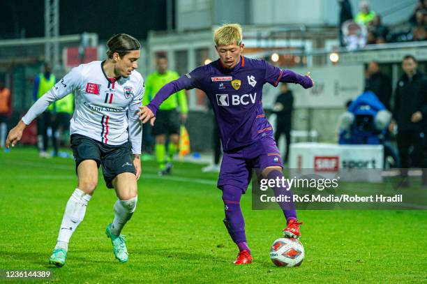 Toichi Suzuki of FC Lausanne-Sport battles for the ball with Kevin Spadanuda of FC Aarau during Swiss Cup match between FC Aarau and FC...