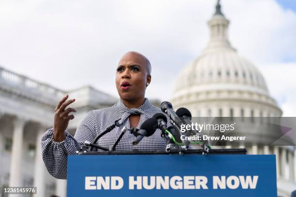 Rep. Ayanna Pressley speaks during a news conference about hunger and nutrition outside the U.S. Capitol October 26, 2021 in Washington, DC. The...