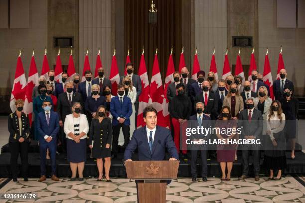 Canadian Prime Minister Justin Trudeau speaks during a press conference with members of his new cabinet in Ottawa, Canada, on October 26, 2021.