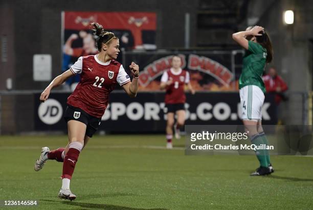 Stefanie Enzinger of Austria celebrates after scoring a late equaliser during the FIFA Women's World Cup 2023 Qualifier group D match between...