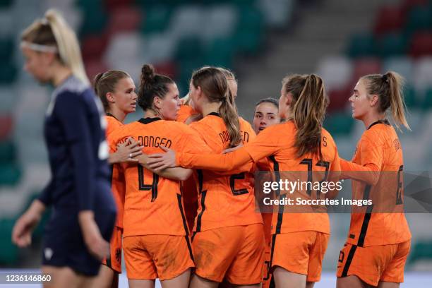 Lieke Martens of Holland Women celebrates 1-0 Kerstin Casparij of Holland Women, Merel van Dongen of Holland Women, Aniek Nouwen of Holland Women,...