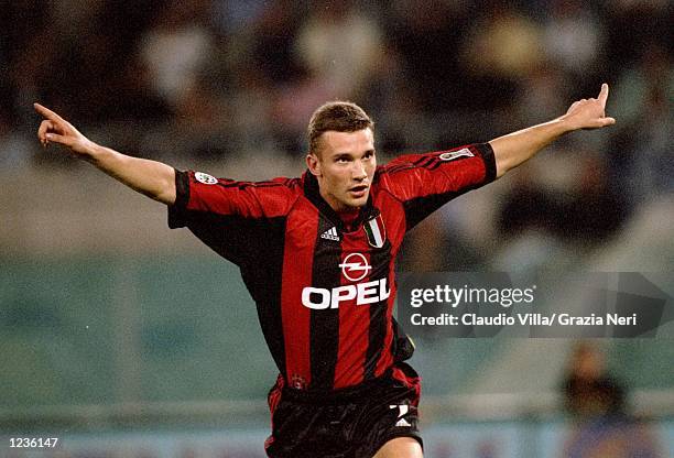 Andrei Shevchenko of AC Milan celebrates his goal against Lazio during the Serie A match at the Stadio Olimpico in Rome, Italy. \ Mandatory Credit:...