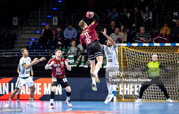 Guilherme Linhares De Souza of Tatran Presov, Johan Koch, Lasse Bredekjaer Andersson of Fuechse Berlin and Pavel Caballero Hernandez of Tatran Presov...