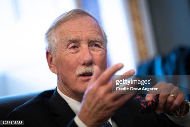 Sen. Angus King speaks to reporters about a corporate minimum tax plan at the U.S. Capitol October 26, 2021 in Washington, DC. The senators detailed...