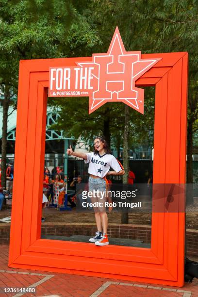 Houston Astros fan poses for a photo prior to Game 1 of the 2021 World Series between the Atlanta Braves and the Houston Astros at Minute Maid Park...