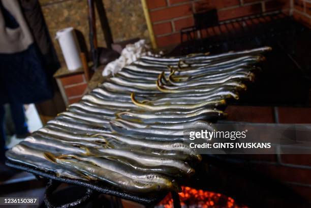 Lamprey fish is prepared for roasting during the Lamprey fish festival on October 09, 2021 in Salacgriva, Latvia. - Lampreys hatch in the rivers that...