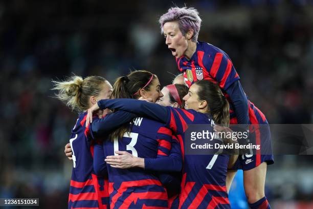 Megan Rapinoe, top, celebrates with teammates after Rose Lavelle of United States scored a goal against Korea Republic in the second half of the game...