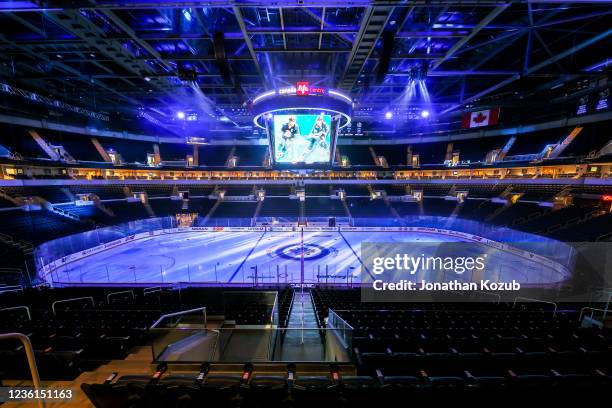 General view of the arena bowl prior to NHL action between the Winnipeg Jets and the Anaheim Ducks at Canada Life Centre on October 21, 2021 in...