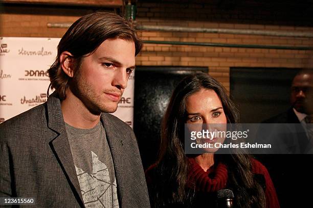 Actors Ashton Kutcher and Demi Moore attend the launch party for "Real Men Don't Buy Girls" at Steven Alan Annex on April 14, 2011 in New York City.
