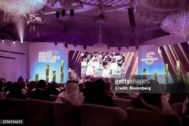 Mohammed bin Salman, Saudi Arabia's crown prince, right, and Salman Al Khalifa, Bahrain's crown prince, attend a plenary session at the Future...