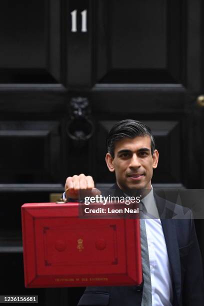 Chancellor Of The Exchequer, Rishi Sunak stands with the Budget Box outside 11 Downing Street, ahead of presenting his Autumn Budget and Spending...