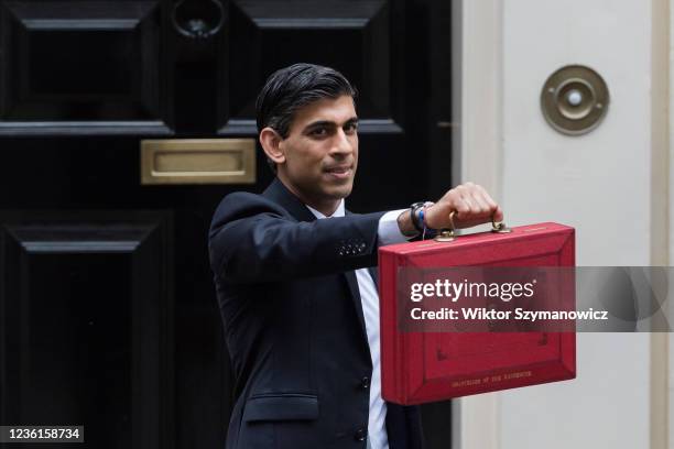 Chancellor of the Exchequer Rishi Sunak holds the Budget box outside 11 Downing Street in central London ahead of the announcement of the Autumn...
