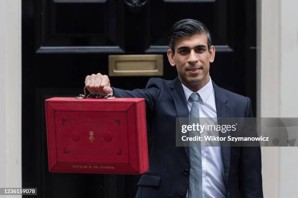 Chancellor of the Exchequer Rishi Sunak holds the Budget box outside 11 Downing Street in central London ahead of the announcement of the Autumn...