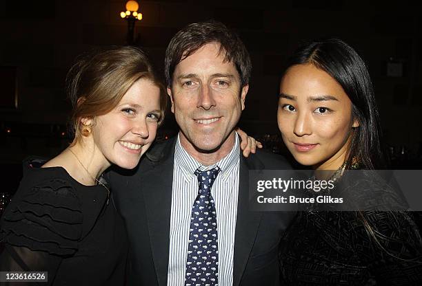 Lisa Joyce, Playwright David Hirson and Greta Lee pose at The Opening Night After Party for "La Bete" on Broadway at Gotham Hall on October 14, 2010...