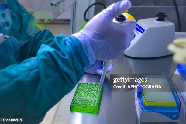 Lab worker doctor Carlos Ortega checks out a COVID-19 sample during a Covid-19 testing day at Universidad de El Salvador on October 27, 2021 in San...