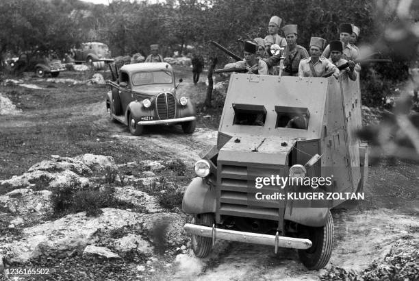 Picture dated 07 December 1938 shows an armoured vehicle of the Jewish settlement police leaving their camp at kibbutz Alonim in the Jezreeel Valley...