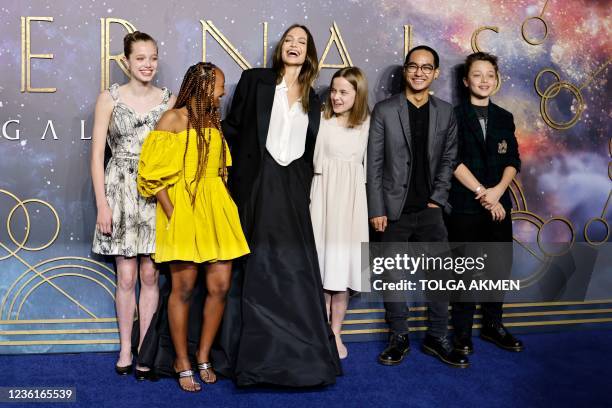 Actor Angelina Jolie poses with her children, Shiloh Jolie-Pitt, Zahara Jolie-Pitt, Vivienne Jolie-Pitt, Maddox Jolie-Pitt and Knox Jolie-Pitton on...