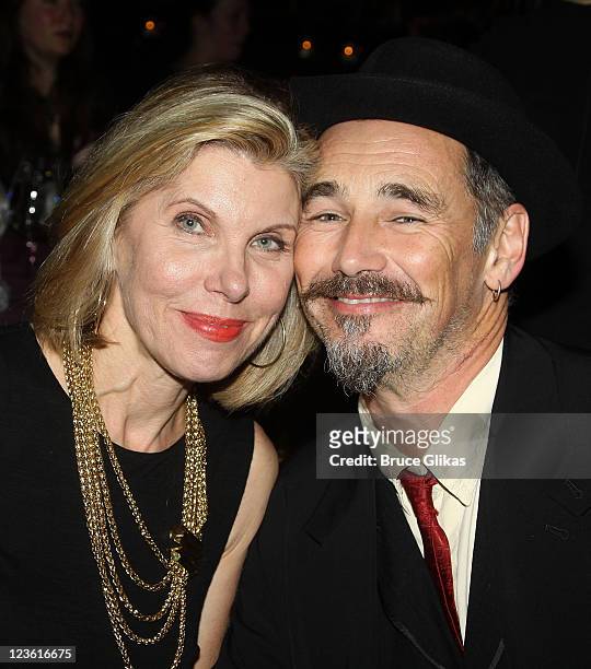 Christine Baranski and Mark Rylance pose at The Opening Night After Party for "La Bete" on Broadway at Gotham Hall on October 14, 2010 in New York...