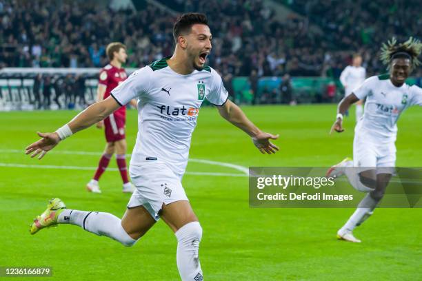 Ramy Bensebaini of Borussia Moenchengladbach celebrates after scoring his team's second goal during the DFB Cup second round match between Borussia...
