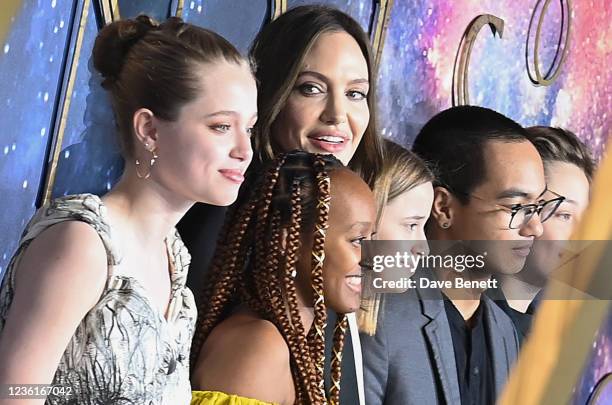 Shiloh Jolie-Pitt, Zahara Jolie-Pitt, Angelina Jolie, Vivienne Jolie-Pitt, Maddox Jolie-Pitt and Knox Jolie-Pitt attend the UK Gala Screening of "The...