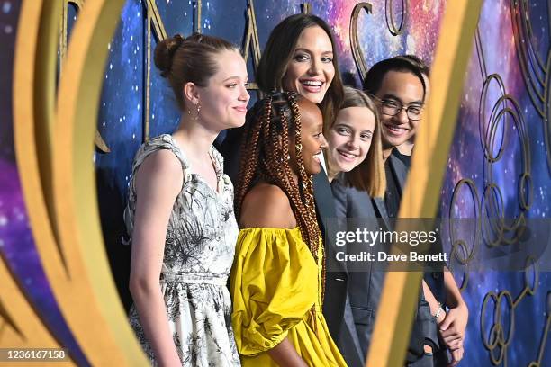 Shiloh Jolie-Pitt, Zahara Jolie-Pitt, Angelina Jolie, Vivienne Jolie-Pitt, Maddox Jolie-Pitt and Knox Jolie-Pitt attend the UK Gala Screening of "The...