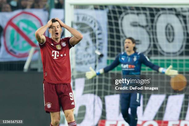 Robert Lewandowski of Bayern Muenchen looks dejected during the DFB Cup second round match between Borussia Mönchengladbach and Bayern München at...