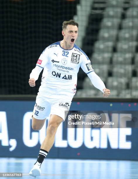 Yanis Lenne of Montpellier celebrates the goal during the EHF Champions League group A match between HC PPD Zagreb and Montpellier at Arena Zagreb on...