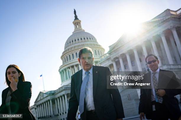 Sen. Joe Manchin leaves the U.S. Capitol after a vote October 27, 2021 in Washington, DC. Democrats are continuing internal negotiations about the...