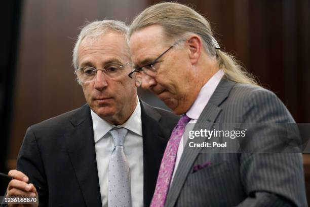 Defense attorneys Franklin Hogue and Robert Rubin talk during the jury selection in the trial of the men charged with killing Ahmaud Arbery at the...