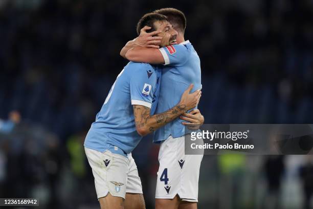 Francesco Acerbi and Patric of SS Lazio react during the Serie A match between SS Lazio and ACF Fiorentina at Stadio Olimpico on October 27, 2021 in...