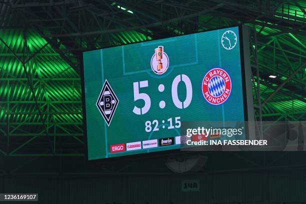 The scoreboard shows the 5-0 score in the 83rd minute of the German Cup 2nd round football match Borussia Moenchengladbach v FC Bayern Munich in...