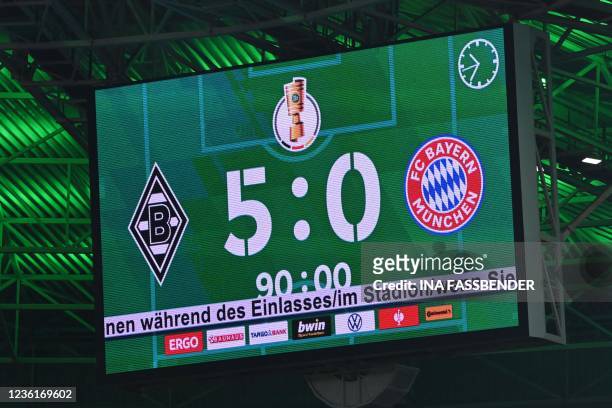 The final score of 5-0 is on display on the scoreboard after the German Cup 2nd round football match Borussia Moenchengladbach v FC Bayern Munich in...