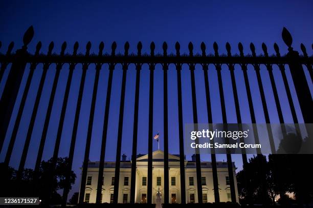 The White House is seen at dusk on the eve of U.S. President Joe Biden's second major foreign trip on October 27, 2021 in Washington, DC. President...