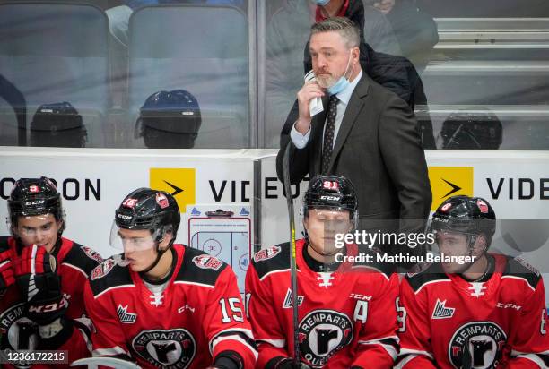 Patrick Roy, head coach of the Quebec Remparts, looks on during his team QMJHL hockey game against the Acadie-Bathurst Titan at the Videotron Center...